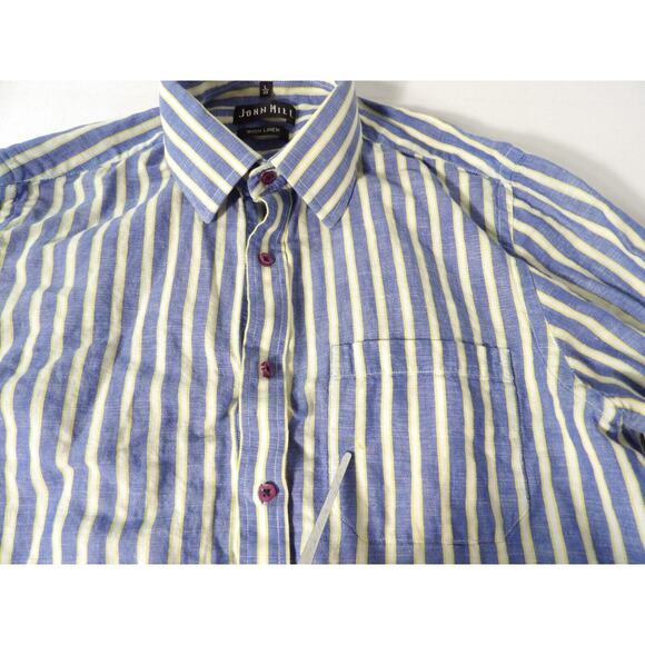 John Hill Shirt Irish Linen Mens Sz 40 Large Button Up Vertical Stripe Blue Vaca - Picture 6 of 14